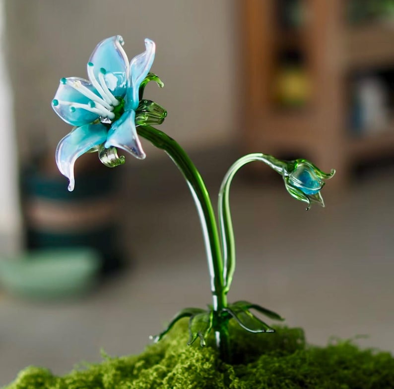 Orychophragmus Glasfigur Lila Wildblumen Skulptur Handgeblasen 20 cm