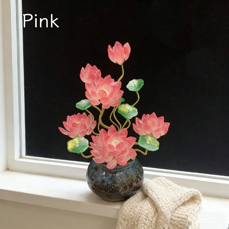 Blaue Glas Lotus Blumendekoration mit Vase, 20 cm Höhe, handgefertigte Kristall Lotus Skulptur für Wohnkultur