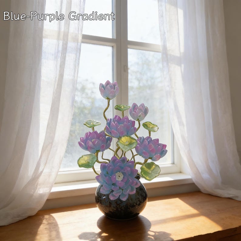Blaue Glas Lotus Blumendekoration mit Vase, 20 cm Höhe, handgefertigte Kristall Lotus Skulptur für Wohnkultur