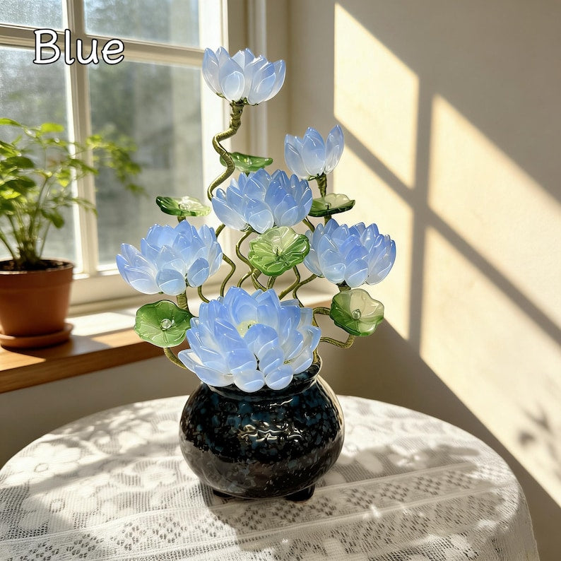 Blaue Glas Lotus Blumendekoration mit Vase, 20 cm Höhe, handgefertigte Kristall Lotus Skulptur für Wohnkultur