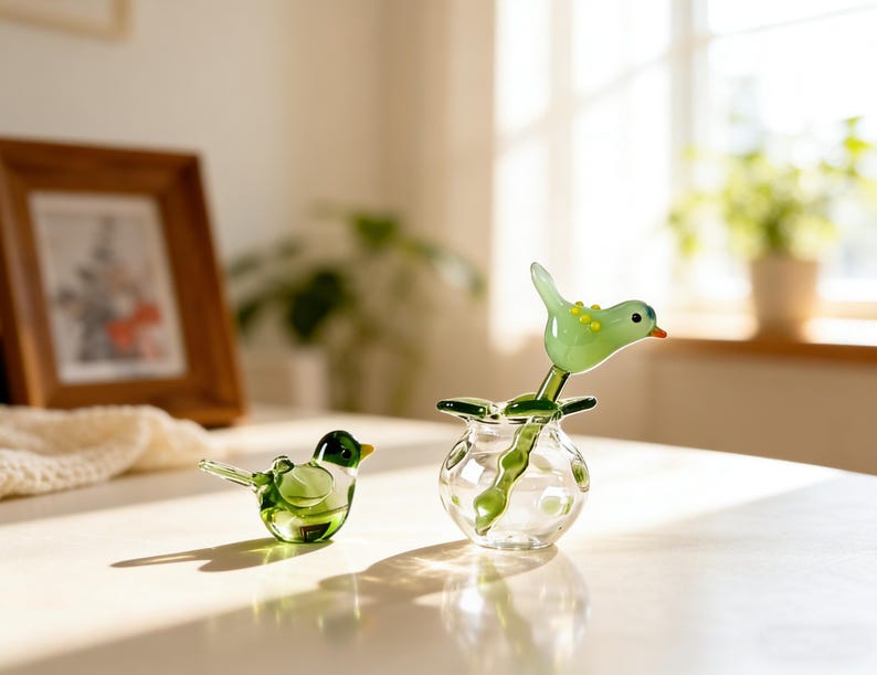 Mundgeblasene Glasblumen mit kleinen Vögeln, Glasvögel
