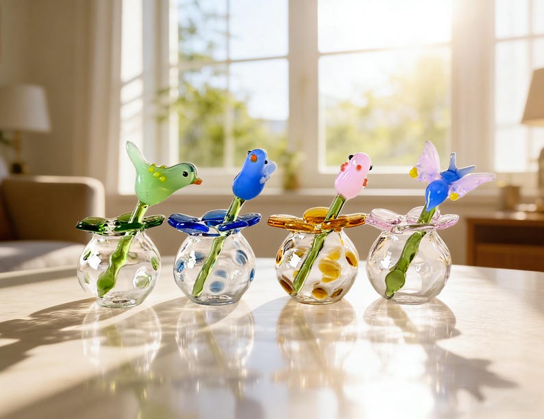 Mundgeblasene Glasblumen mit kleinen Vögeln, Glasvögel