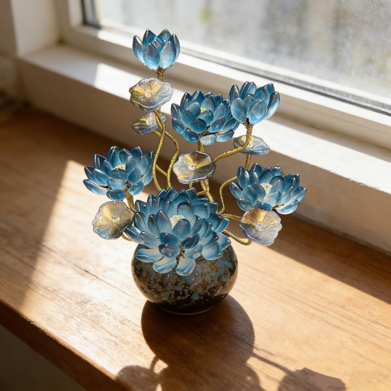 Blaue Glas Lotus Blumendekoration mit Vase, 20 cm Höhe, handgefertigte Kristall Lotus Skulptur für Wohnkultur