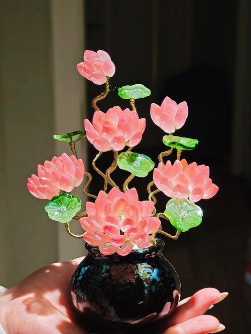 Blaue Glas Lotus Blumendekoration mit Vase, 20 cm Höhe, handgefertigte Kristall Lotus Skulptur für Wohnkultur