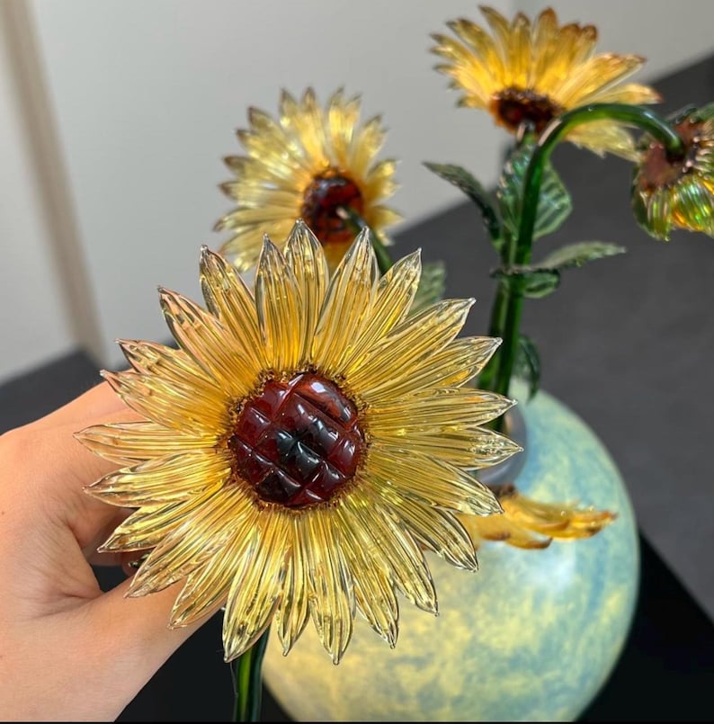Glas Sonnenblumen-Dekoration Schreibtischdekoration Tischdekoration Handgefertigt 17,5 cm