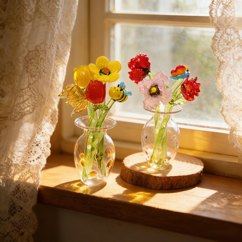 Handgefertigte Glasblumensträuße, sonnenbeschienene Fensterdekorationen