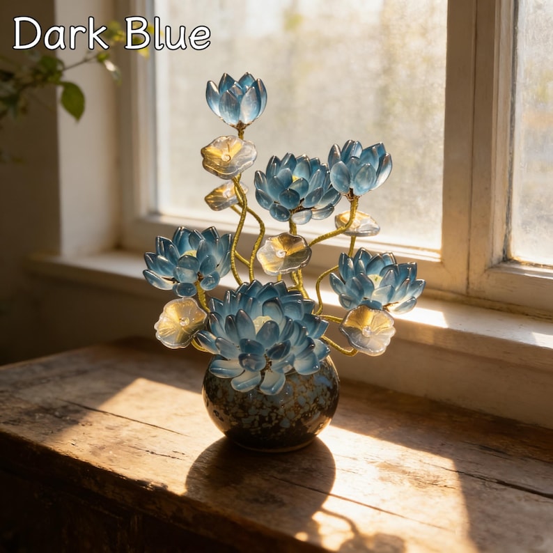 Blaue Glas Lotus Blumendekoration mit Vase, 20 cm Höhe, handgefertigte Kristall Lotus Skulptur für Wohnkultur