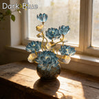 Blaue Glas Lotus Blumendekoration mit Vase, 20 cm Höhe, handgefertigte Kristall Lotus Skulptur für Wohnkultur
