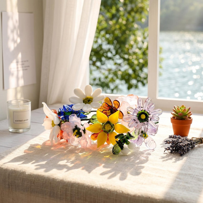 Glasblumenstrauß mit Vase, mundgeblasene Stiele, erhältlich in 3 Größen