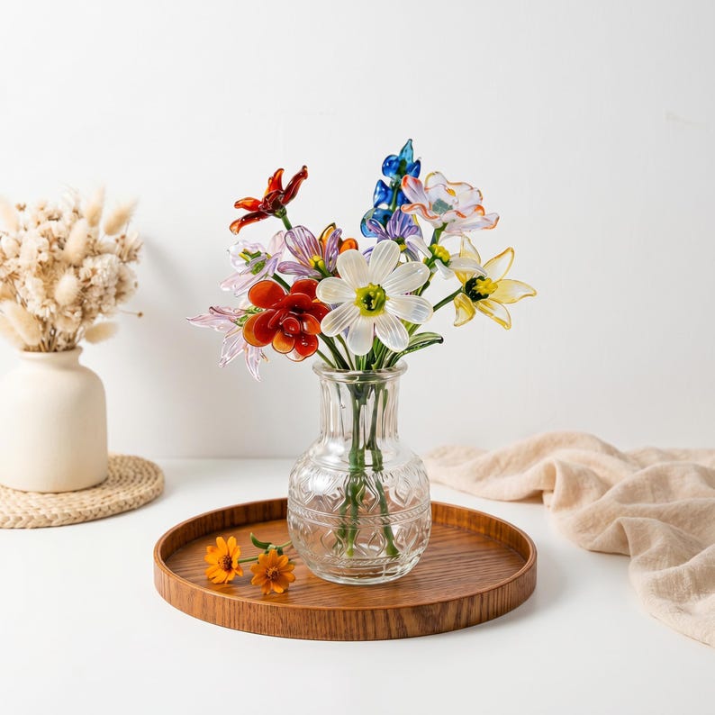 Glasblumenstrauß mit Vase, mundgeblasene Stiele, erhältlich in 3 Größen
