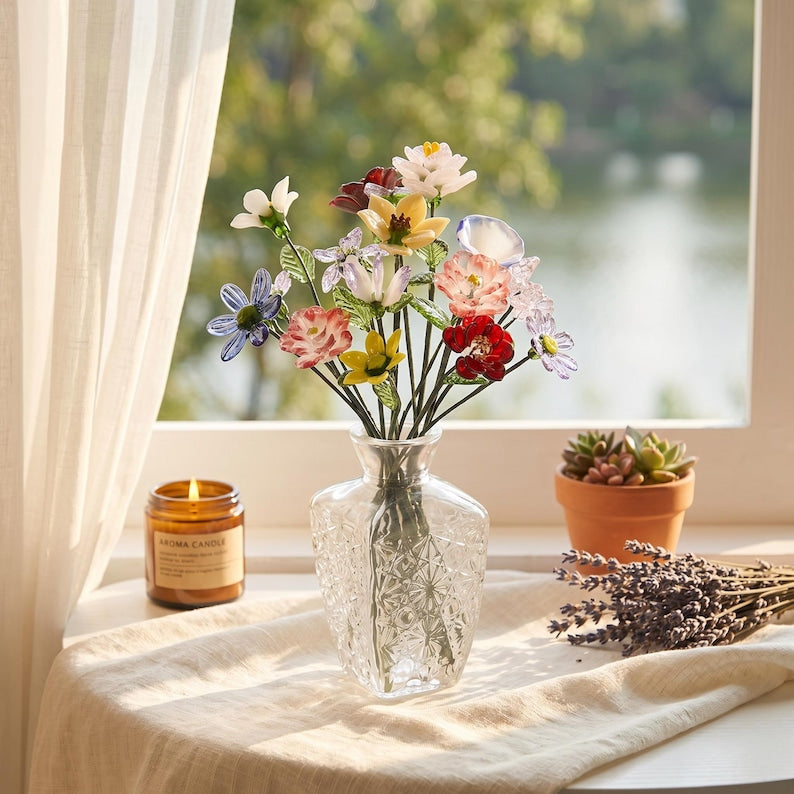 Glasblumenstrauß mit Vase, mundgeblasene Stiele, erhältlich in 3 Größen
