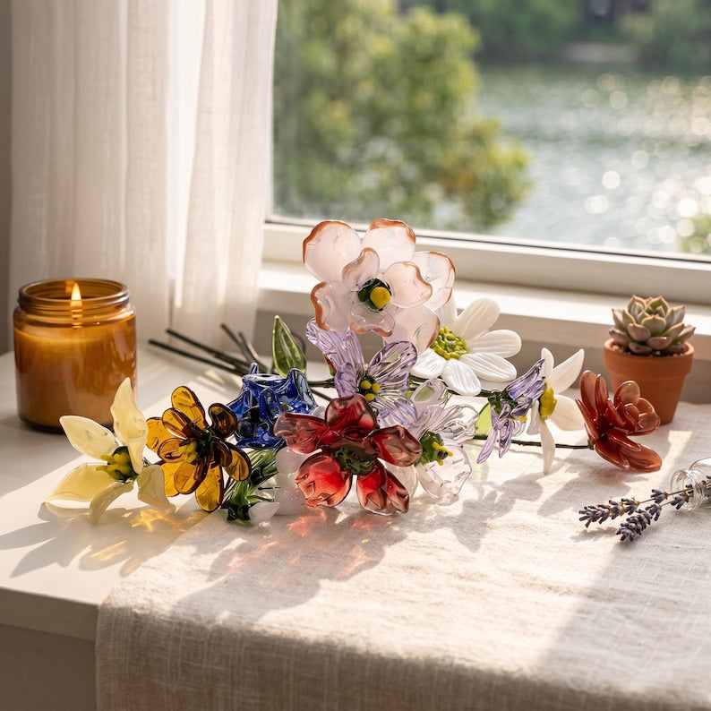 Glasblumenstrauß mit Vase, mundgeblasene Stiele, erhältlich in 3 Größen