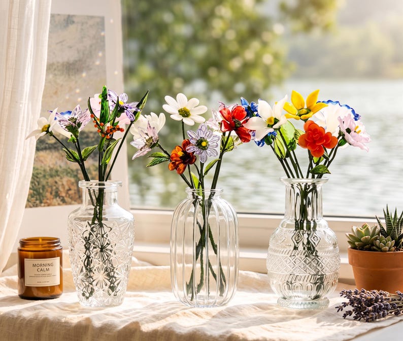 Glasblumenstrauß mit Vase, mundgeblasene Stiele, erhältlich in 3 Größen