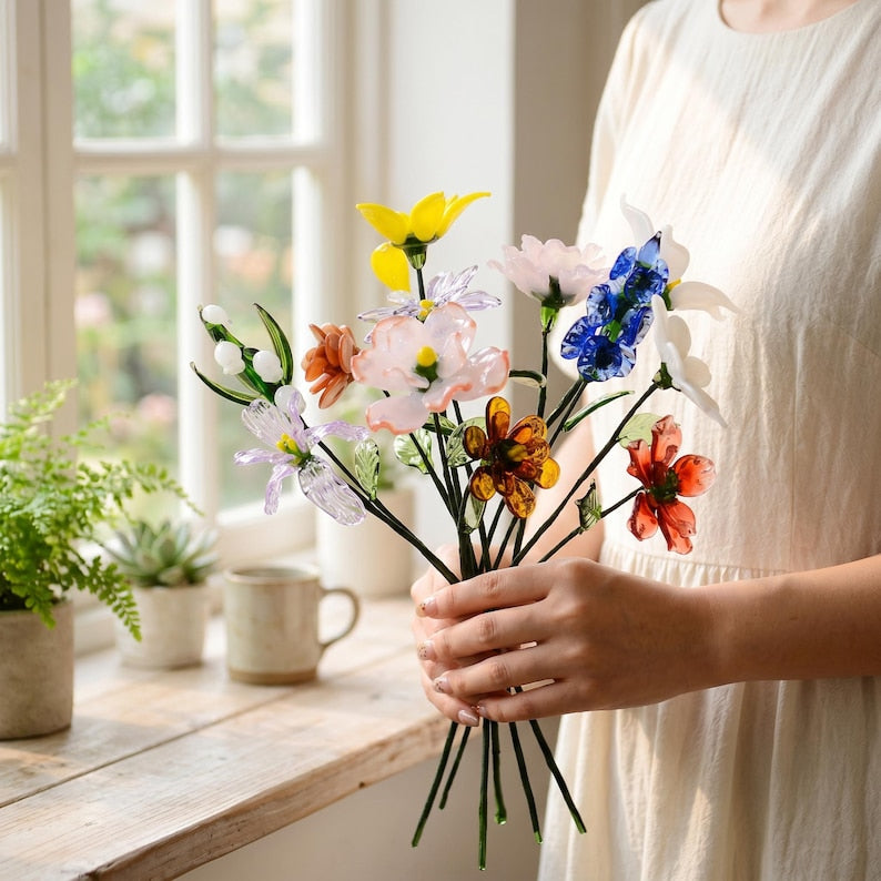 Glasblumenstrauß mit Vase, mundgeblasene Stiele, erhältlich in 3 Größen