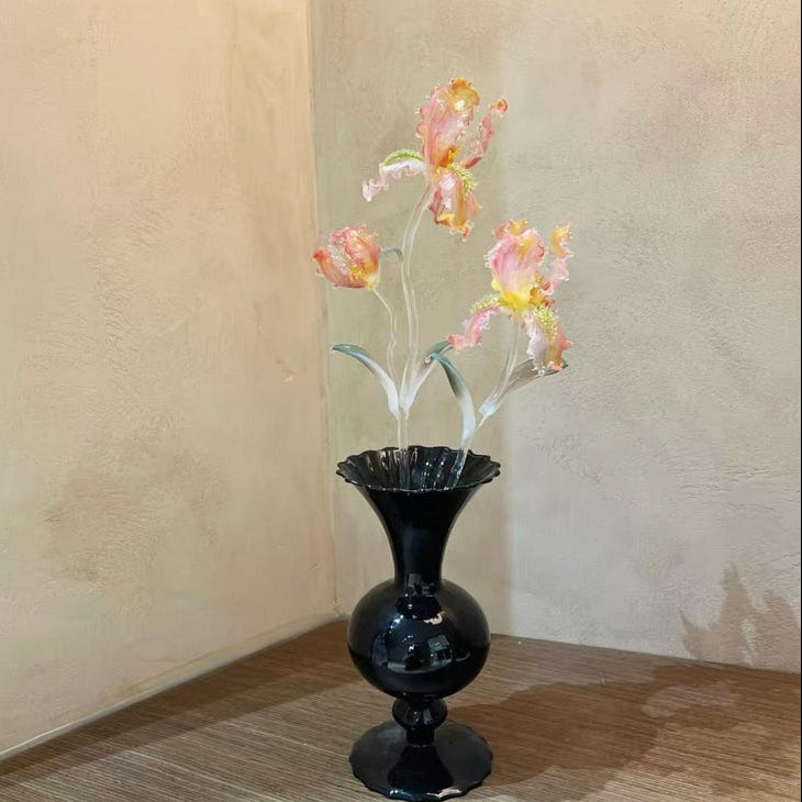 Handgeblasene Irisblume aus Glas, lila Glasskulptur, Wohndekoration, 20-23 cm