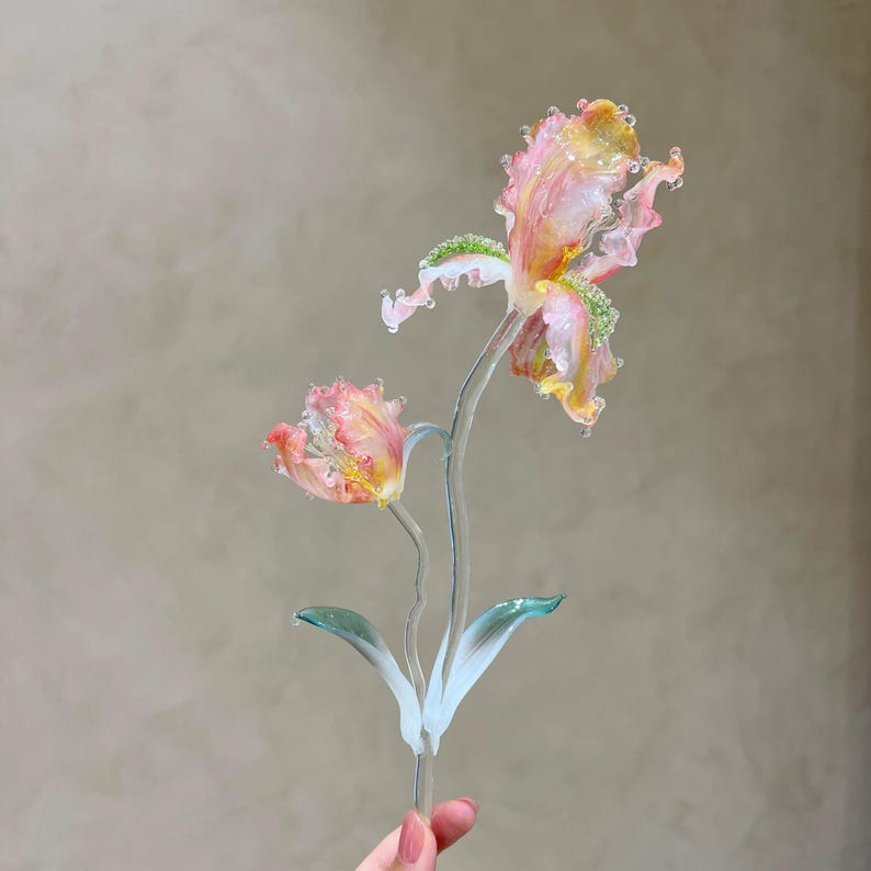 Handgeblasene Irisblume aus Glas, lila Glasskulptur, Wohndekoration, 20-23 cm