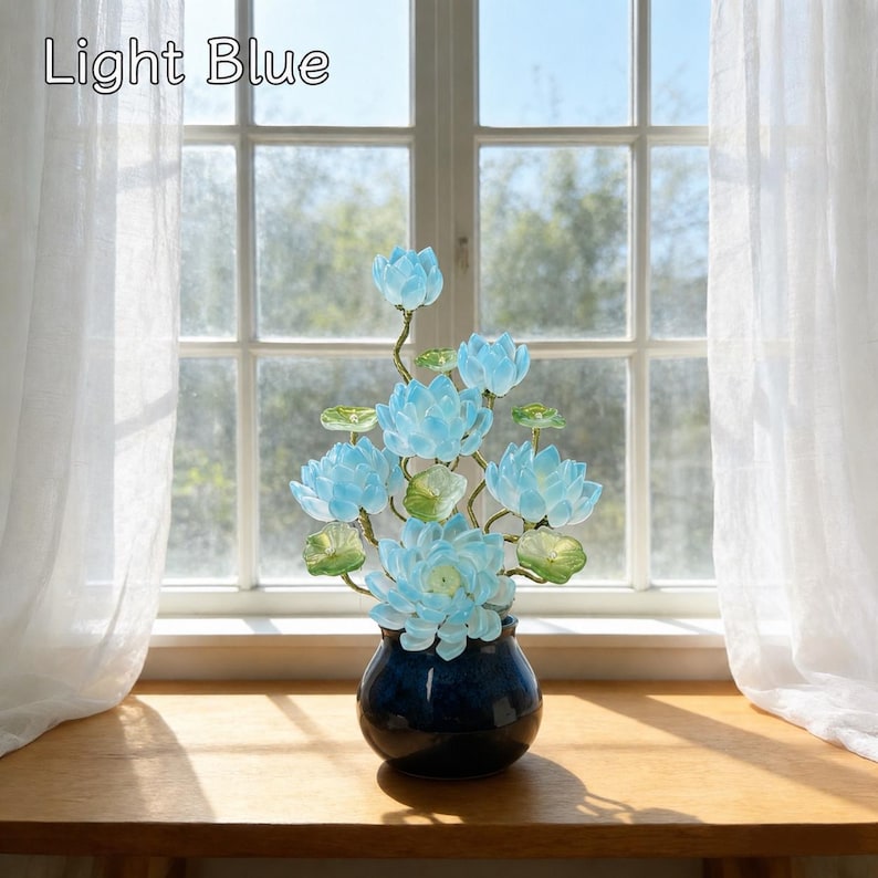 Blaue Glas Lotus Blumendekoration mit Vase, 20 cm Höhe, handgefertigte Kristall Lotus Skulptur für Wohnkultur