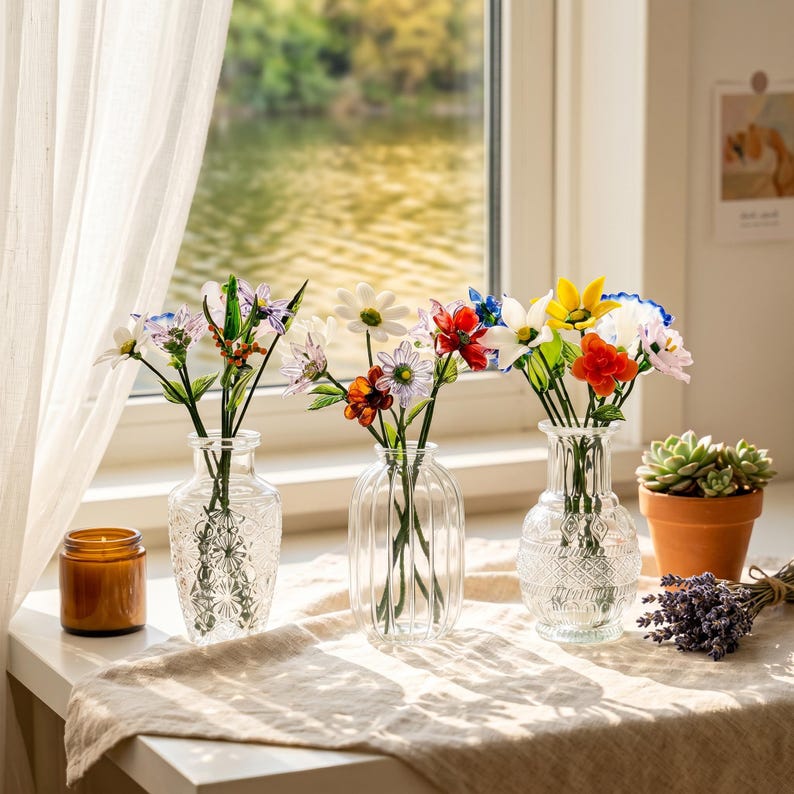 Glasblumenstrauß mit Vase, mundgeblasene Stiele, erhältlich in 3 Größen