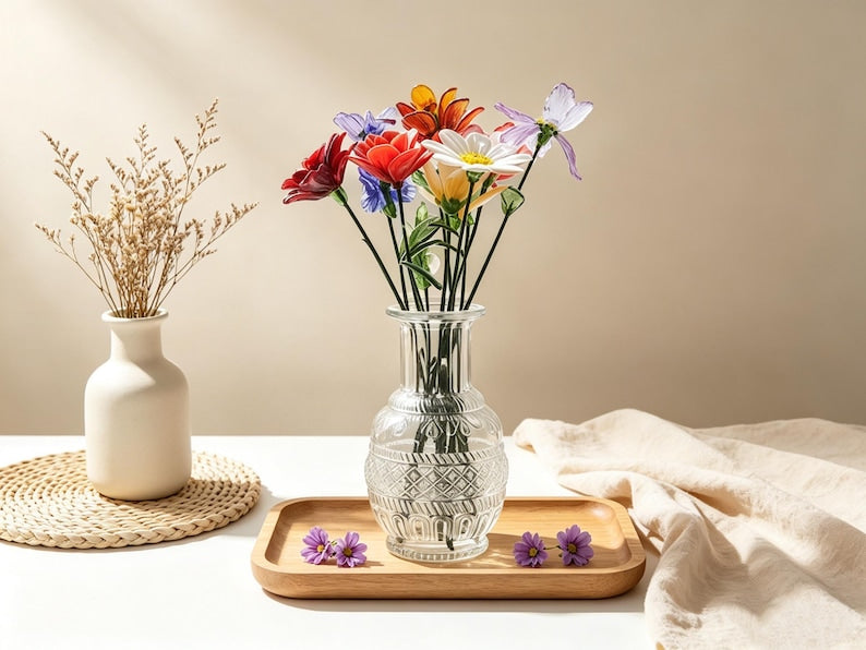 Glasblumenstrauß mit Vase, mundgeblasene Stiele, erhältlich in 3 Größen