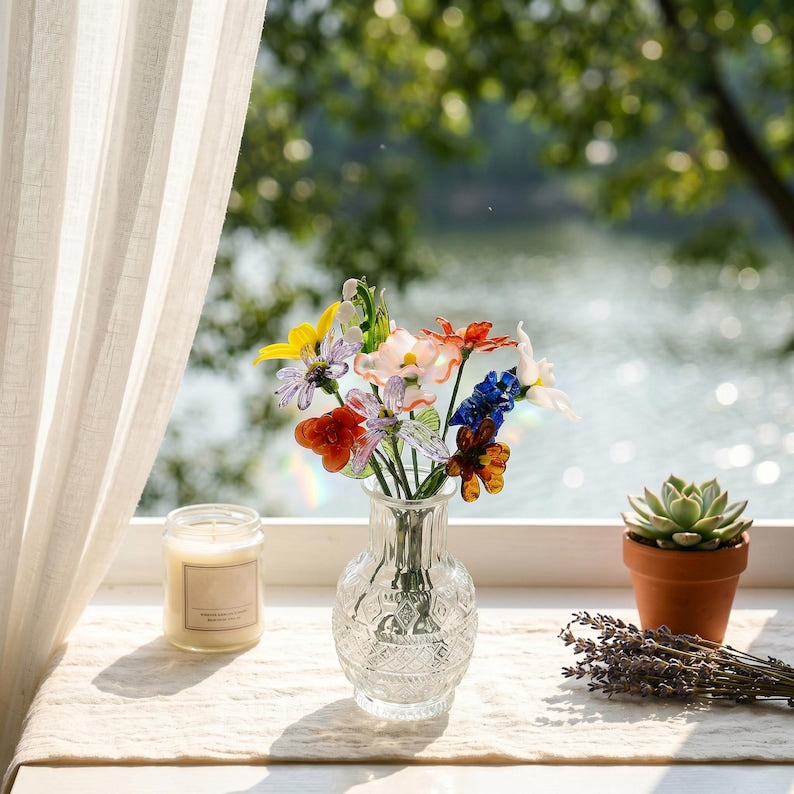 Glasblumenstrauß mit Vase, mundgeblasene Stiele, erhältlich in 3 Größen