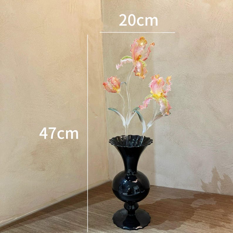 Handgeblasene Irisblume aus Glas, lila Glasskulptur, Wohndekoration, 20-23 cm