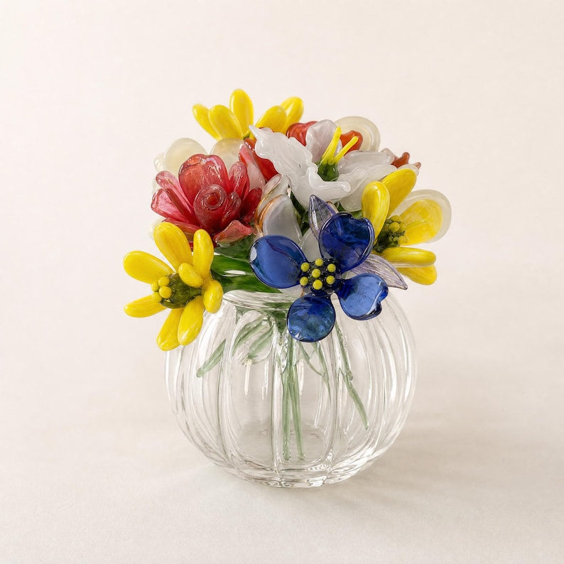Mini Glasblumen Display für Schreibtisch, Fensterbank und Regal Dekor