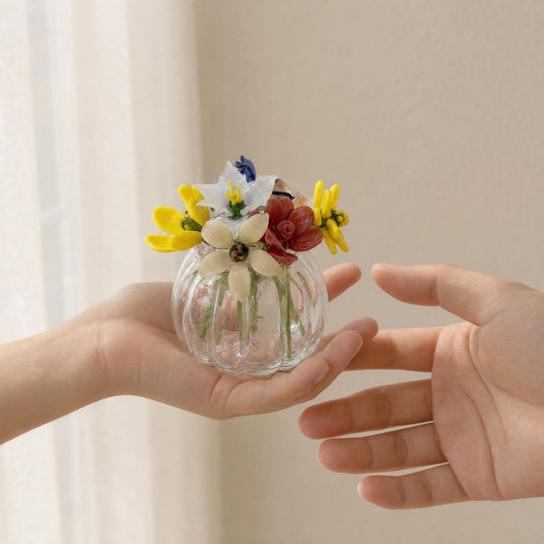 Mini Glasblumen Display für Schreibtisch, Fensterbank und Regal Dekor