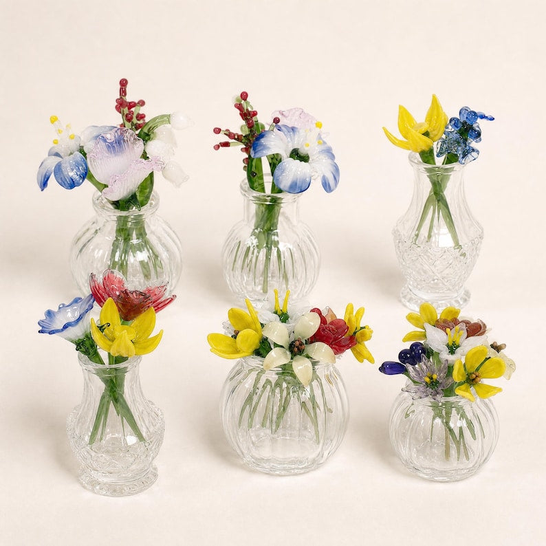 Mini Glasblumen Display für Schreibtisch, Fensterbank und Regal Dekor