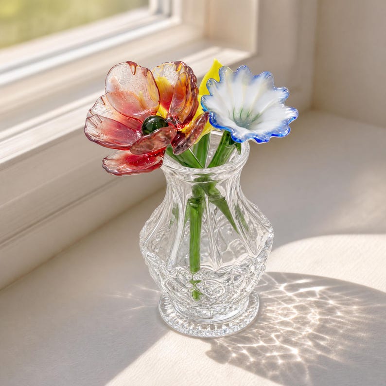 Mini Glasblumen Display für Schreibtisch, Fensterbank und Regal Dekor