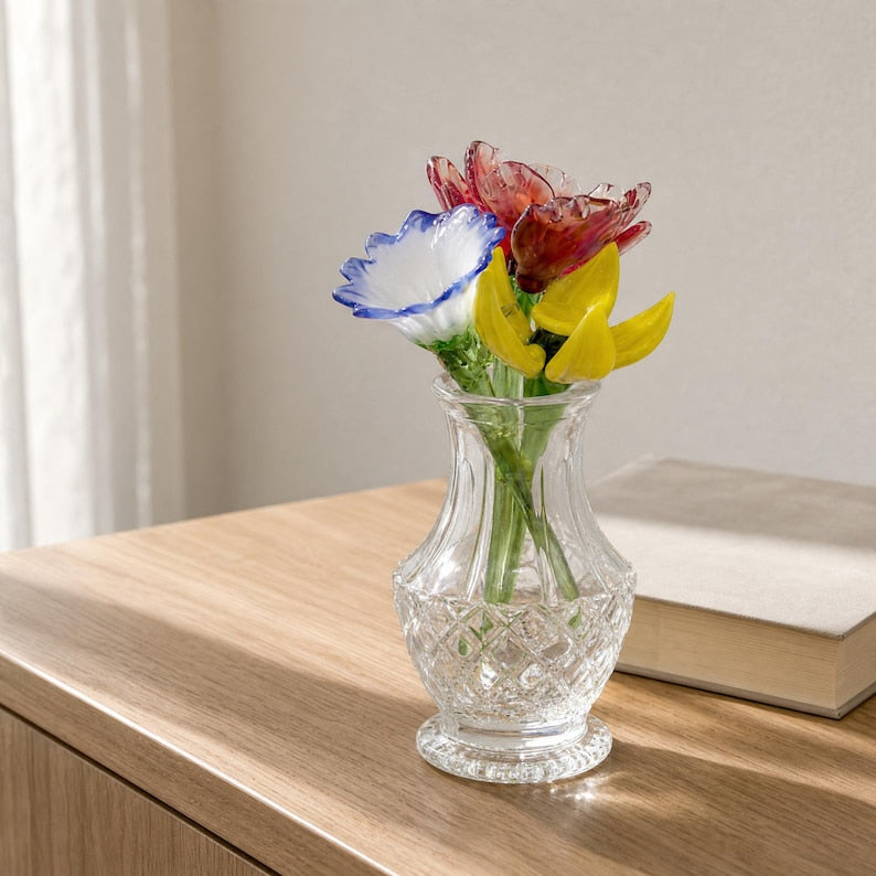 Mini Glasblumen Display für Schreibtisch, Fensterbank und Regal Dekor