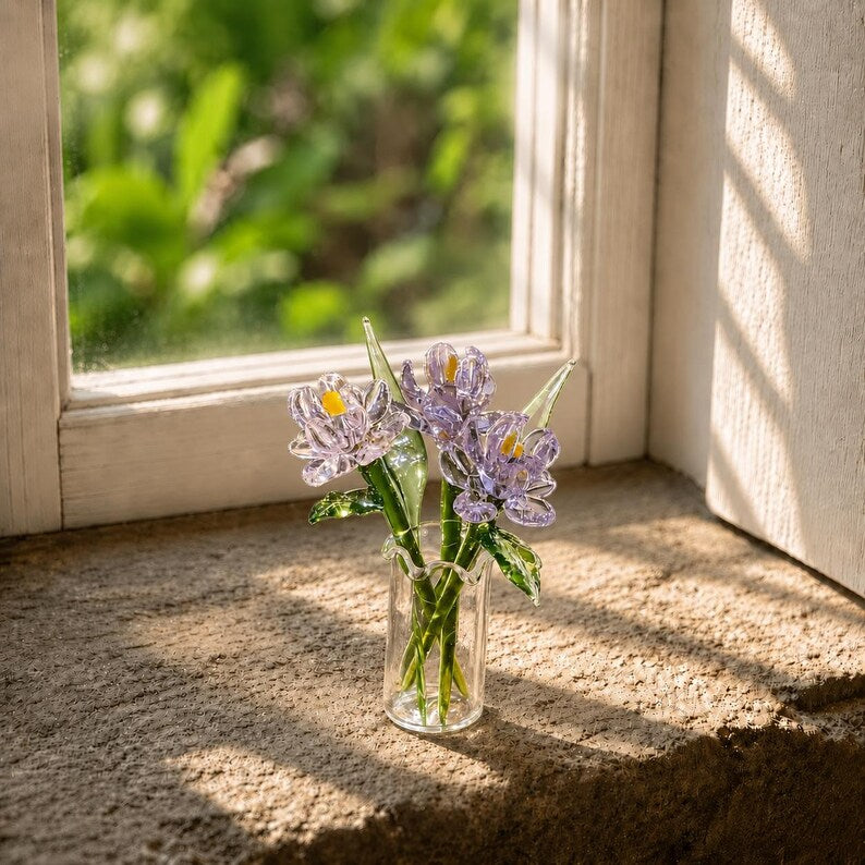 Mini Glasblume, mundgeblasene Blumenskulptur in Glasvase, elegantes Wohndekor, rosa
