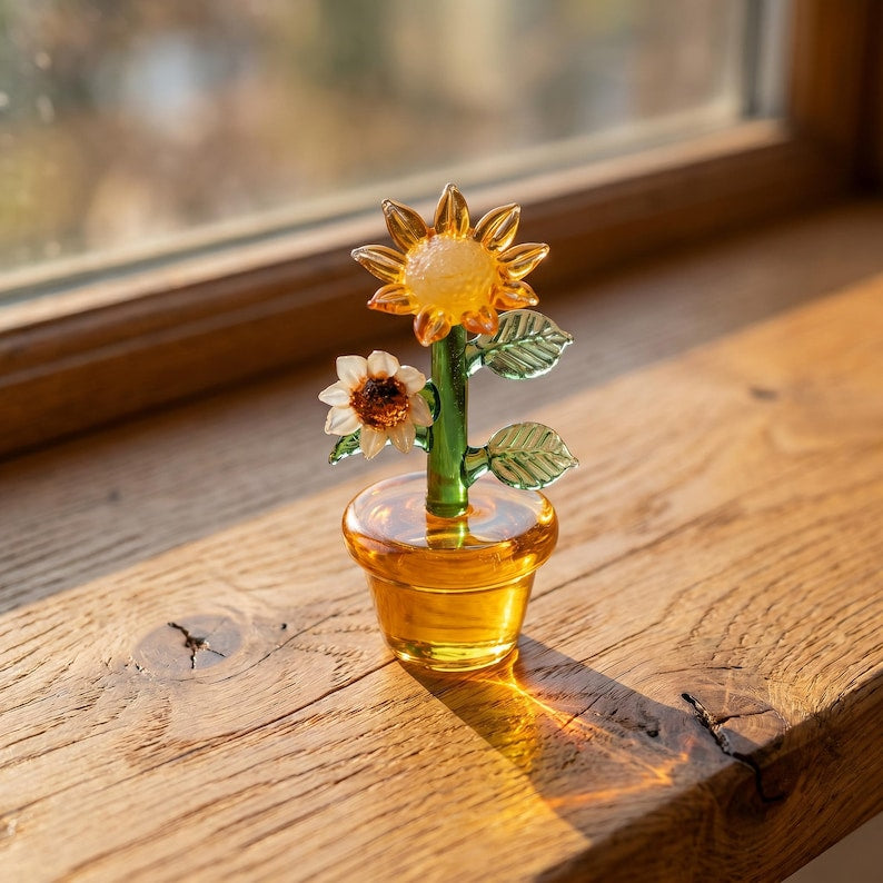 Handgefertigte Sonnenblumenfigur aus Glas, Blumentopf-Basis, Schreibtischdekoration, Cottagecore-Akzent