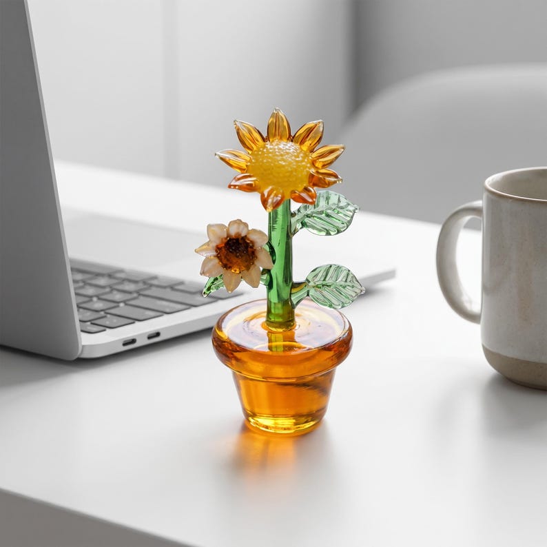Handgefertigte Sonnenblumenfigur aus Glas, Blumentopf-Basis, Schreibtischdekoration, Cottagecore-Akzent