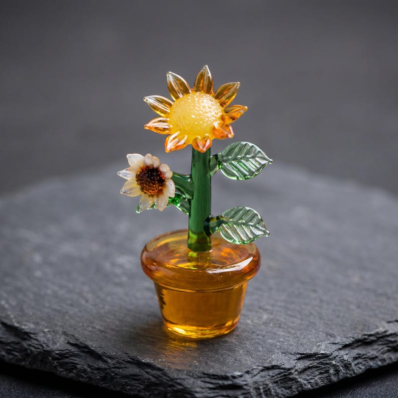 Handgefertigte Sonnenblumenfigur aus Glas, Blumentopf-Basis, Schreibtischdekoration, Cottagecore-Akzent