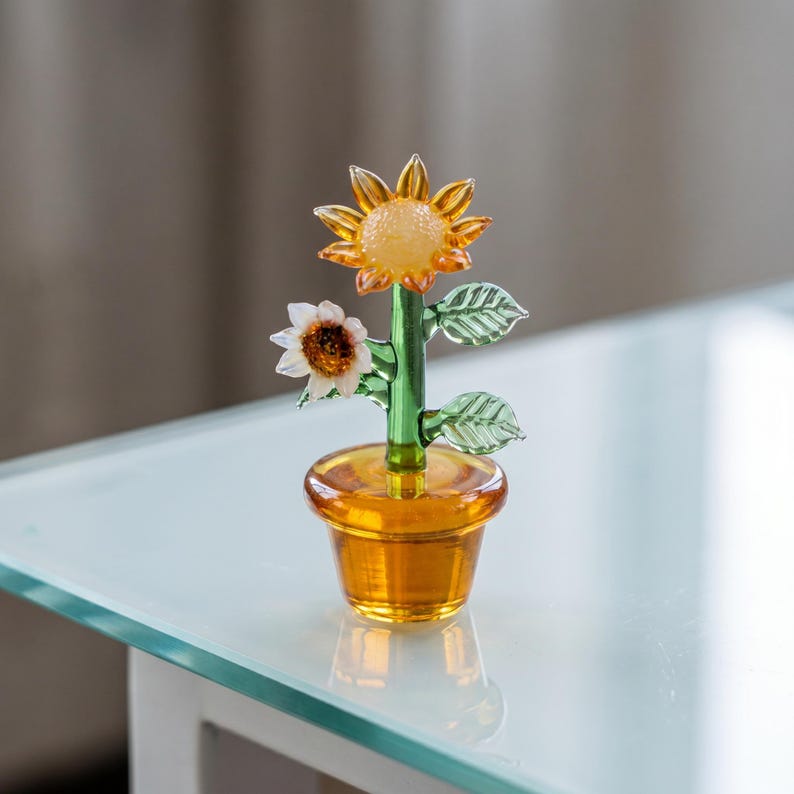 Handgefertigte Sonnenblumenfigur aus Glas, Blumentopf-Basis, Schreibtischdekoration, Cottagecore-Akzent
