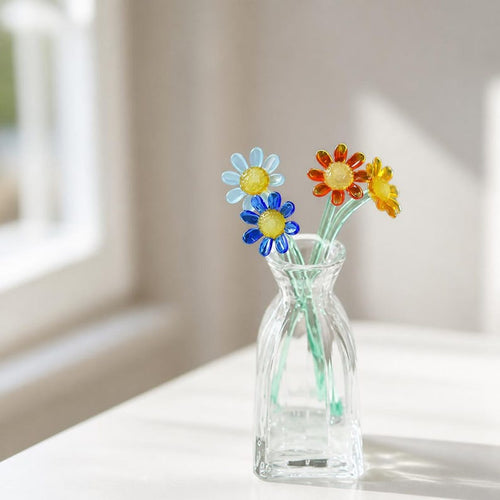 Bunte Glas Wildblumen Bouquet, handgefertigte Miniatur Blumenkunst, Cottagecore Tischdekoration