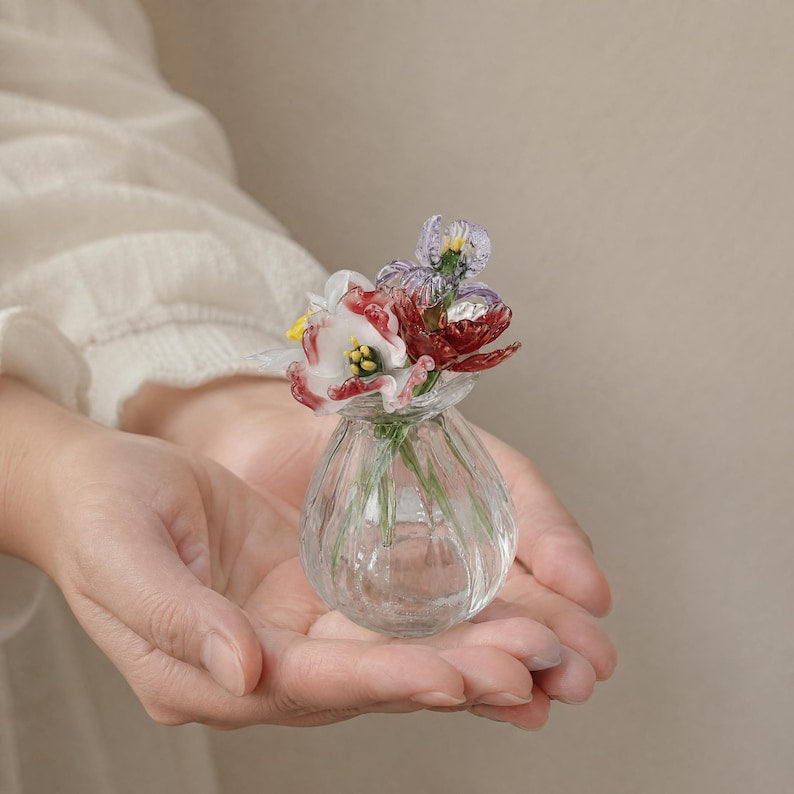 Mini Glasblumen Display für Schreibtisch, Fensterbank und Regal Dekor