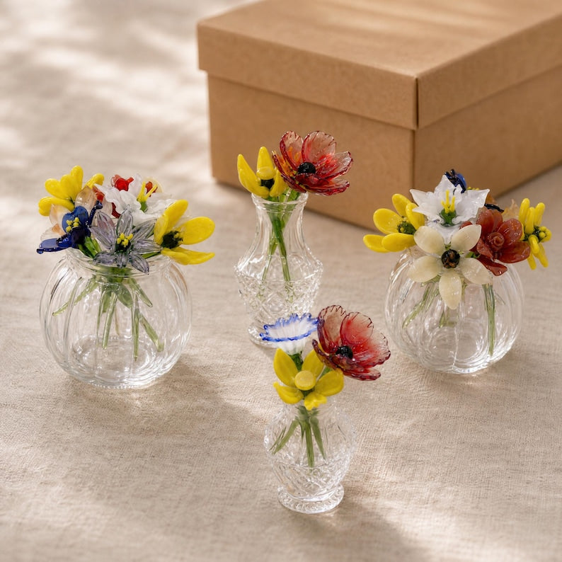 Mini Glasblumen Display für Schreibtisch, Fensterbank und Regal Dekor