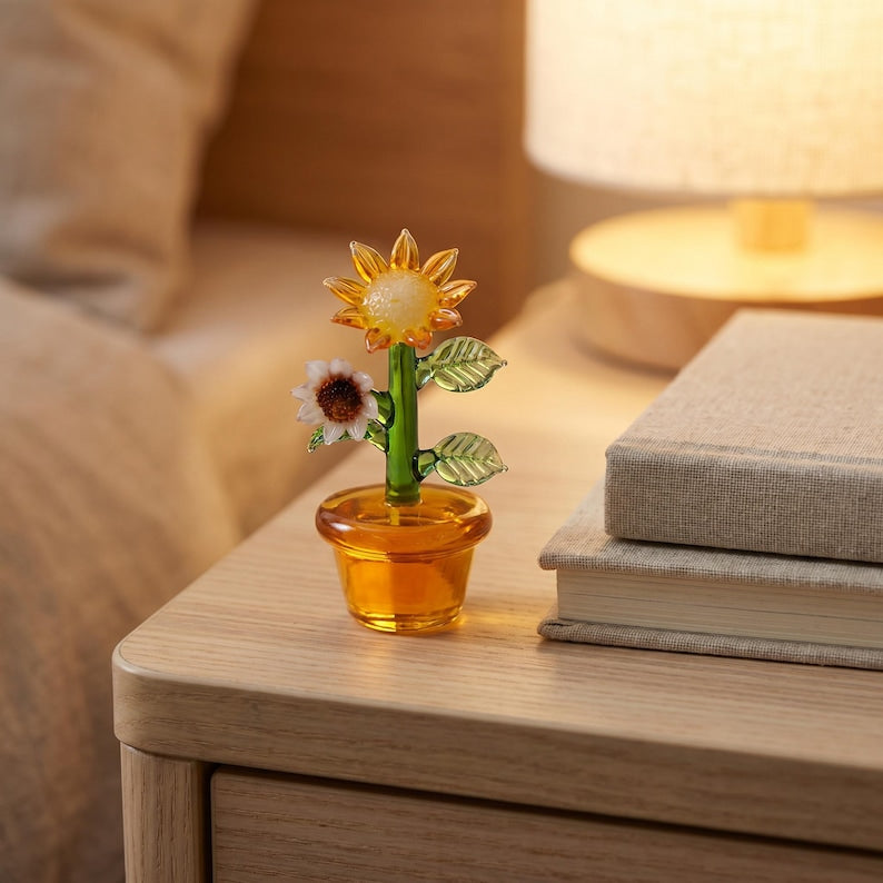 Handgefertigte Sonnenblumenfigur aus Glas, Blumentopf-Basis, Schreibtischdekoration, Cottagecore-Akzent
