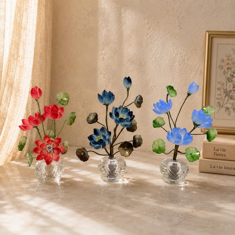 Kristall Lotus Blumenfigur, Romantisches Glas Blumendekor, Eleganter Wohnakzent, 14 cm Höhe