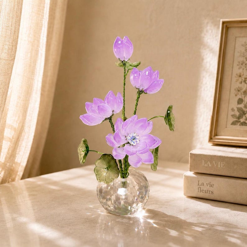 Kristall Lotus Blumenfigur, Romantisches Glas Blumendekor, Eleganter Wohnakzent, 14 cm Höhe