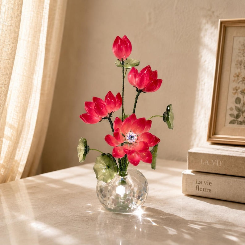 Kristall Lotus Blumenfigur, Romantisches Glas Blumendekor, Eleganter Wohnakzent, 14 cm Höhe