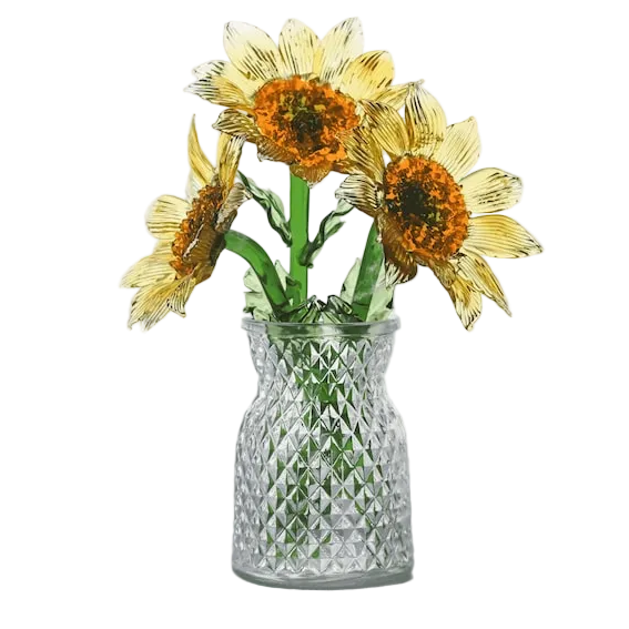 Handgefertigter Glas Sonnenblumenstrauß, Mundgeblasenes Kunstglas Blumenarrangement, Minimalistischer Tischschmuck