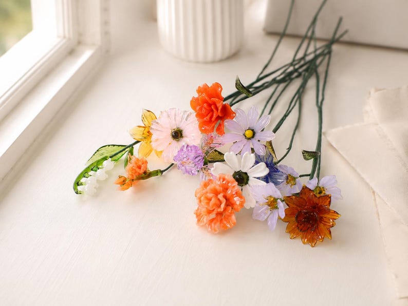 Handgefertigte Glas Geburtsmonat Blume, Drahtstiel Blumenstrauß, Zeitloses Andenken