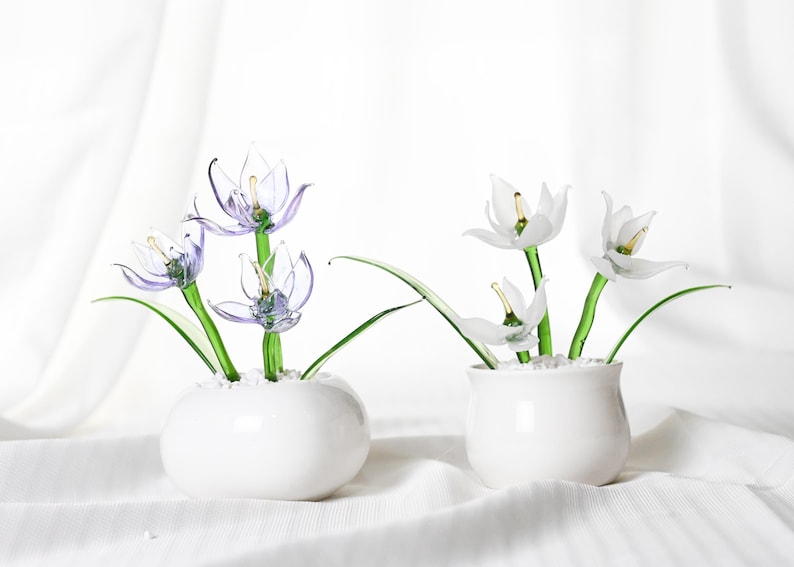 Glasblumentopf-Set, Miniatur künstliche Pflanze, Schreibtischdekoration, Weiß