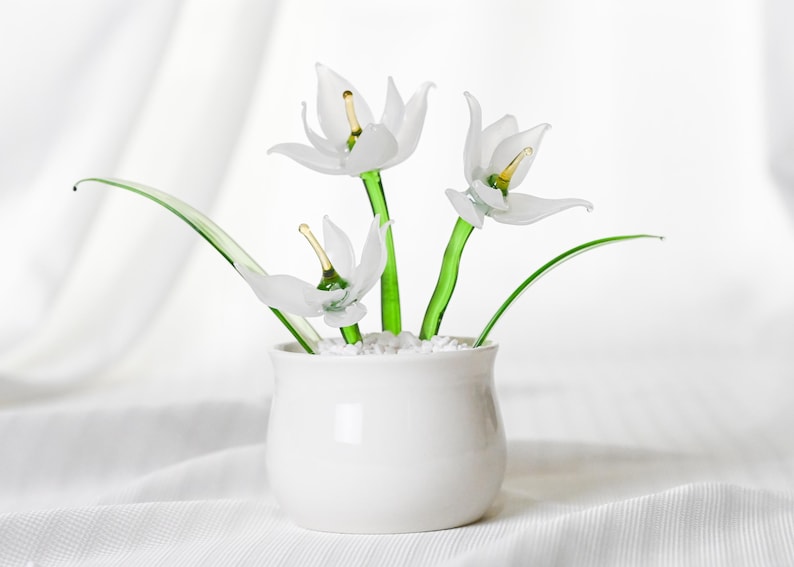 Glasblumentopf-Set, Miniatur künstliche Pflanze, Schreibtischdekoration, Weiß