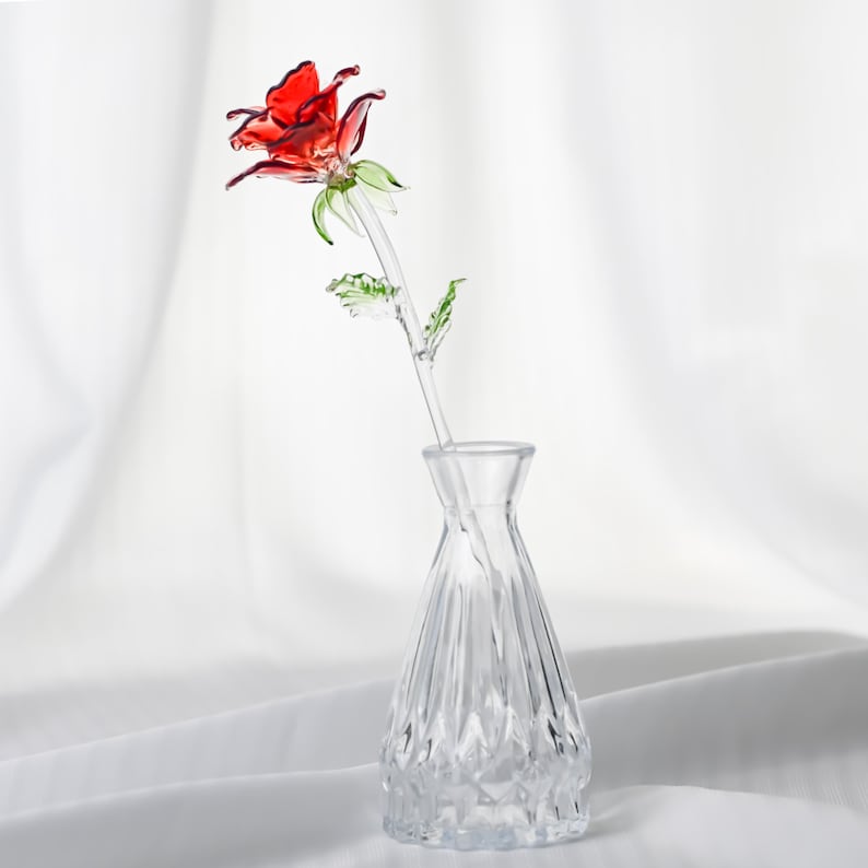 Rote Glas Rose Handgefertigt Mundgeblasen Kunst Blumenskulptur Tischdekor