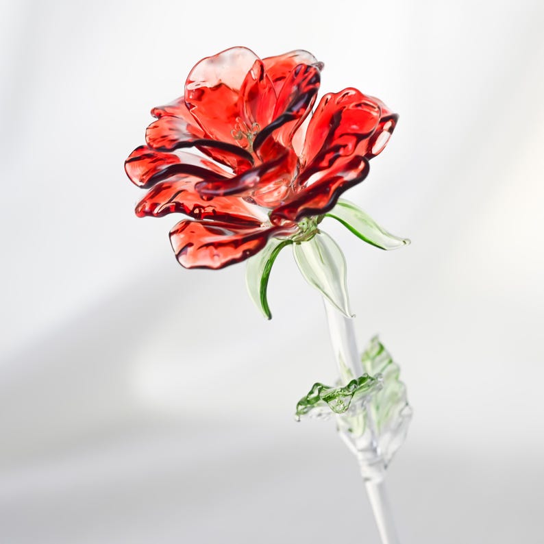 Rote Glas Rose Handgefertigt Mundgeblasen Kunst Blumenskulptur Tischdekor