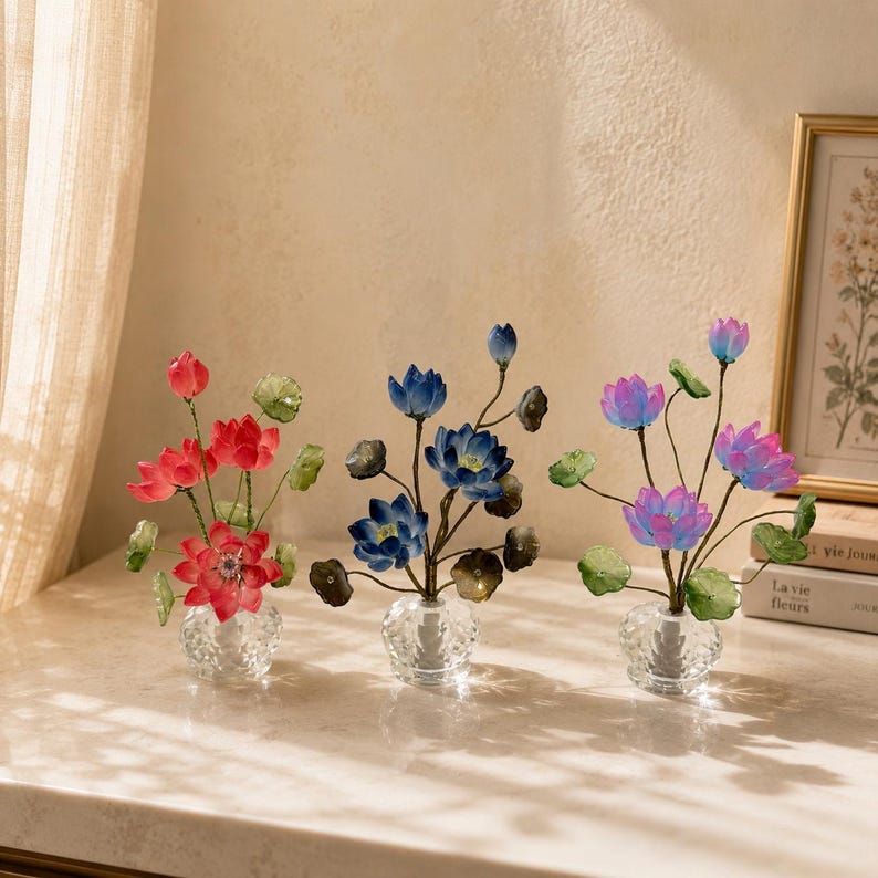 Kristall Lotus Blumenfigur, Romantisches Glas Blumendekor, Eleganter Wohnakzent, 14 cm Höhe