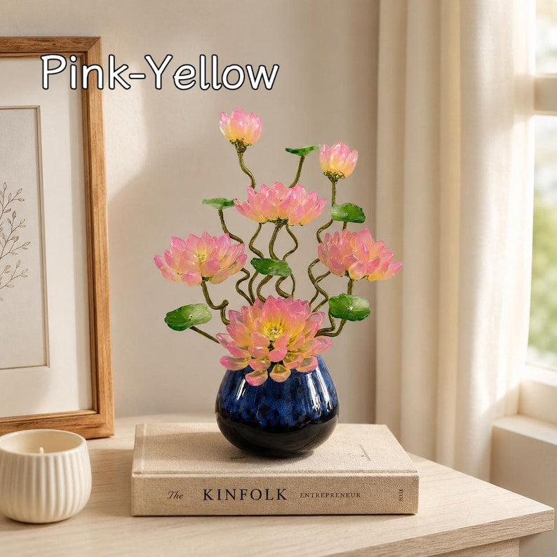 Blaue Glas Lotus Blumendekoration mit Vase, 20 cm Höhe, handgefertigte Kristall Lotus Skulptur für Wohnkultur